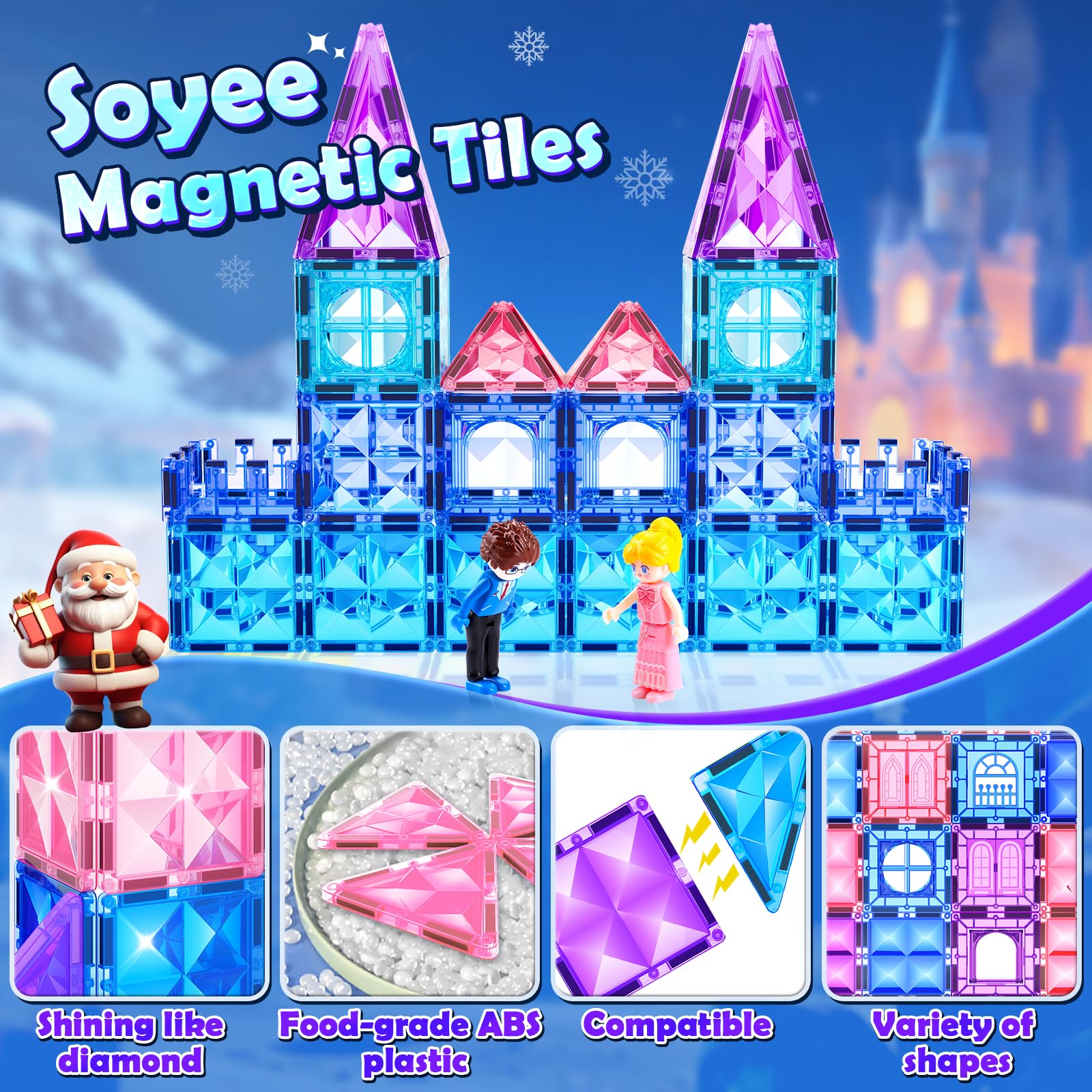 Soyee Diamond magnetic tiles with stairs enable multi-level castle builds.