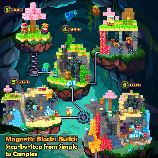 Soyee Magnetic Blocks gems, bedrocks, and miner figures for realistic scene-building and fine motor skills.