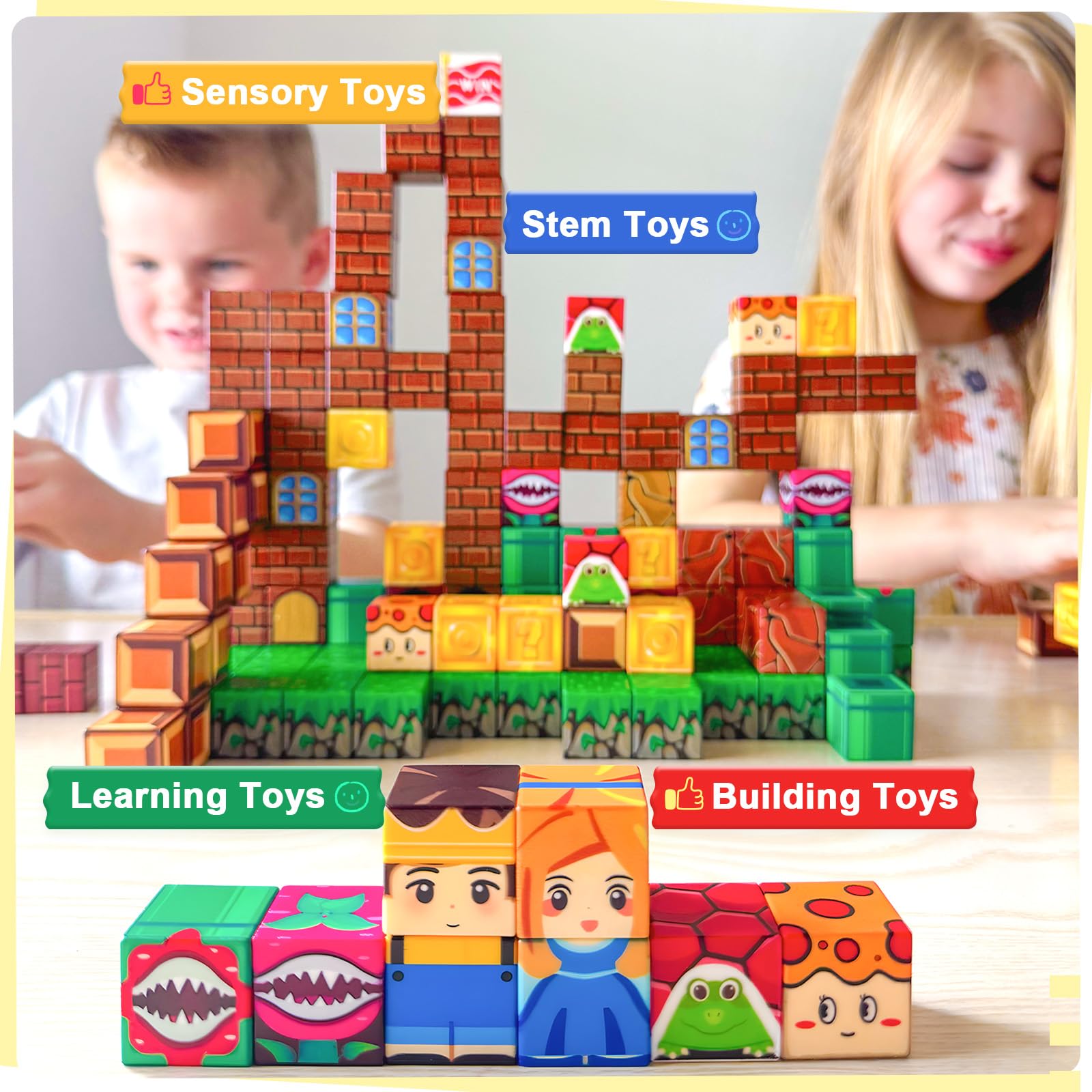 Soyee 108pcs magnetic blocks kids playing scene promotes creative play and hands-on learning