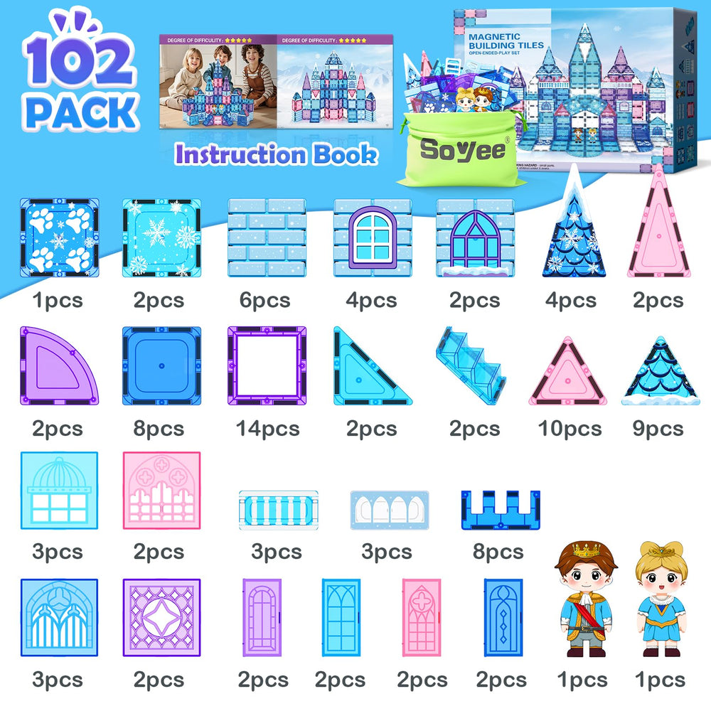 Soyee Magnetic Tiles 102pcs safe ABS plastic ensures durable, kid-friendly construction.