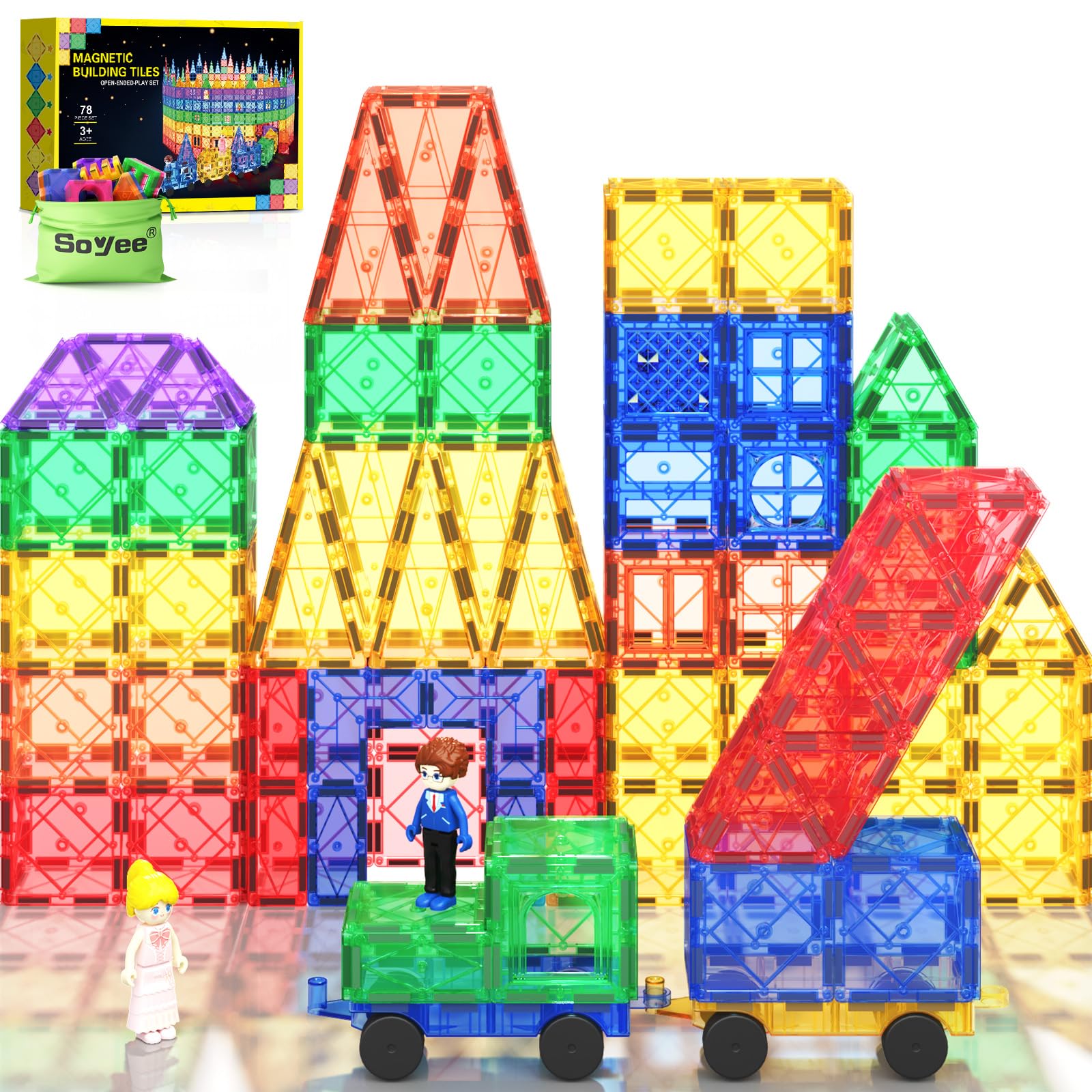 Soyee magnetic tiles with two cars, front view, promoting imaginative vehicle builds.