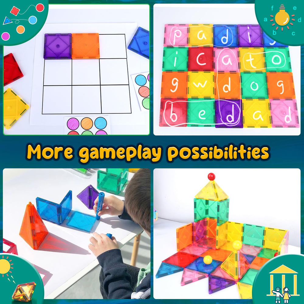 Soyee Magnetic Tiles build house scene showing kids constructing imaginative homes
