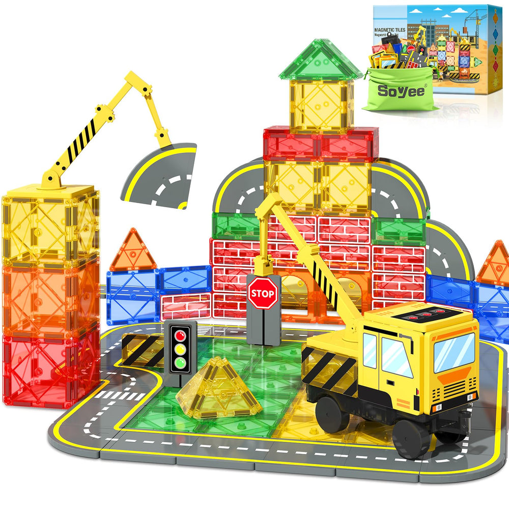 Soyee magnetic tiles crane truck play scene showcasing creative construction ideas
