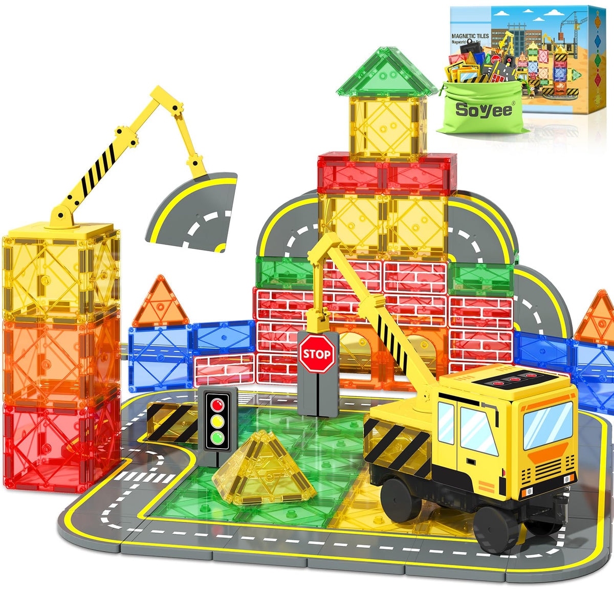 Soyee magnetic tiles crane truck play scene showcasing creative construction ideas