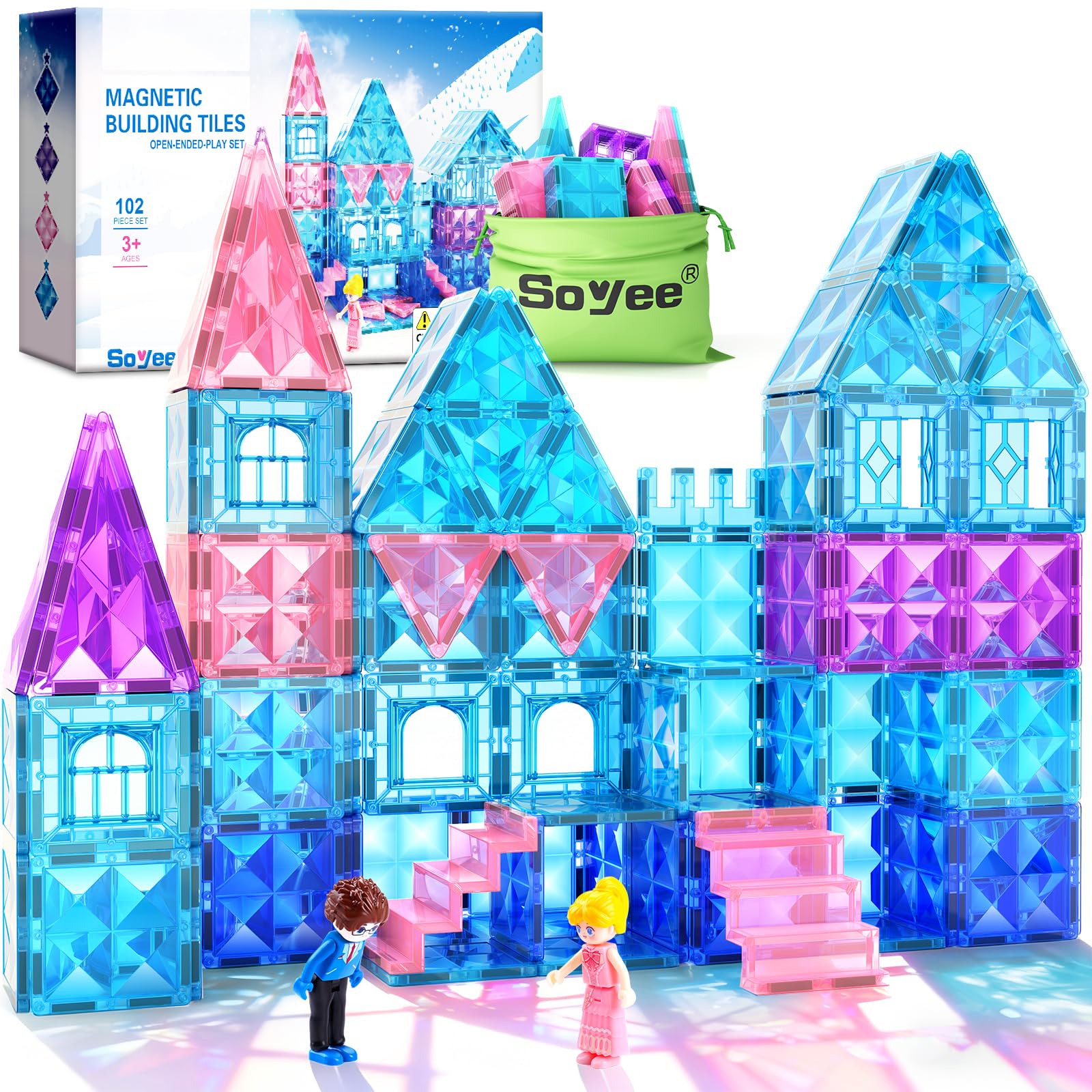 Soyee magnetic tiles ice castle dolls showcase a vivid winter kingdom for imaginative play.