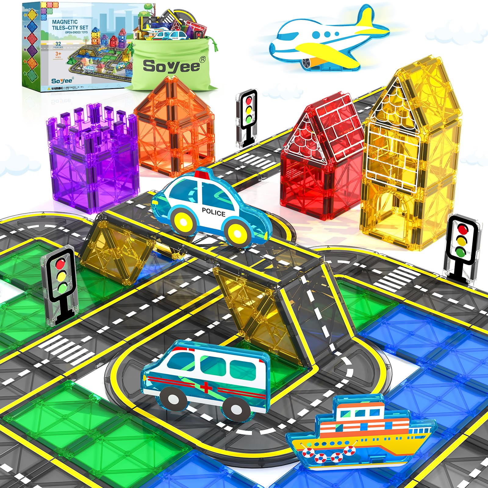 Soyee Magnetic Tiles Road Cars Set road tiles for imaginative play