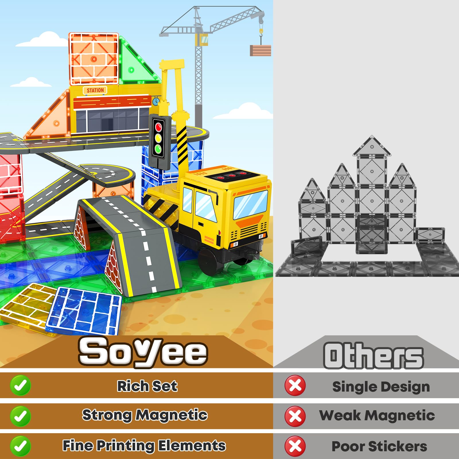 Soyee magnetic tiles rotating telescopic crane enhances realism in play