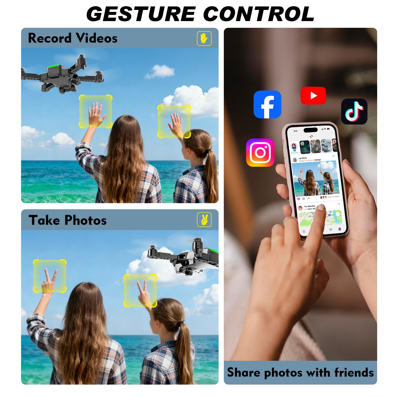 Sozun FPV app control enables live 1080p streaming and easy sharing.
