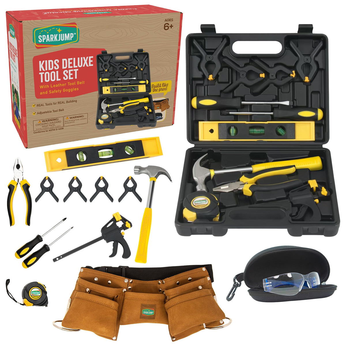SparkJump Deluxe Kids Tool Set with belt and box, organized storage for budding builders.