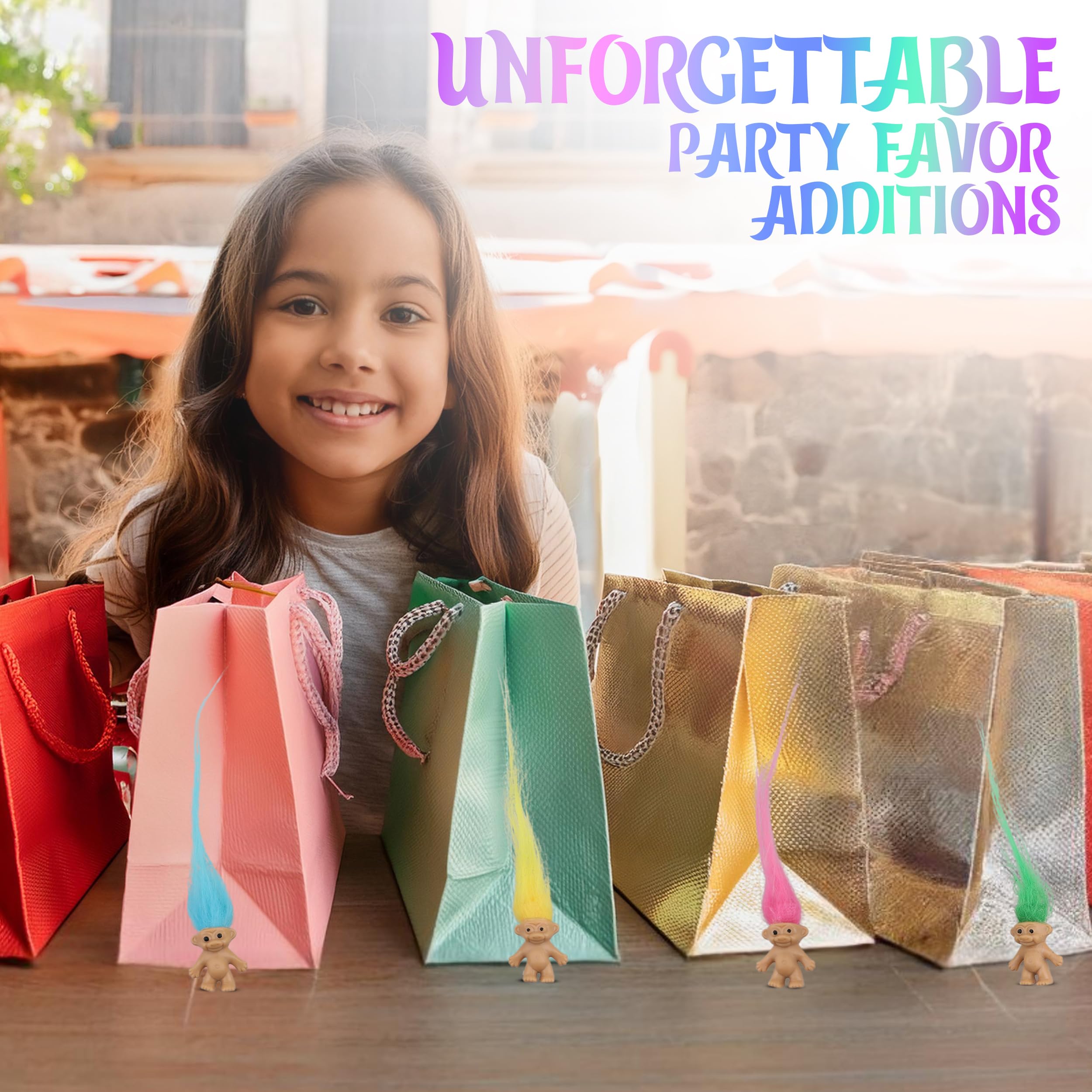 Sparkle Pins party-favor trolls brighten party tables and goodie bags.