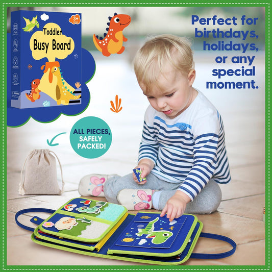 SparkleMe Busy Board buttoning page showing fine motor practice for travel.