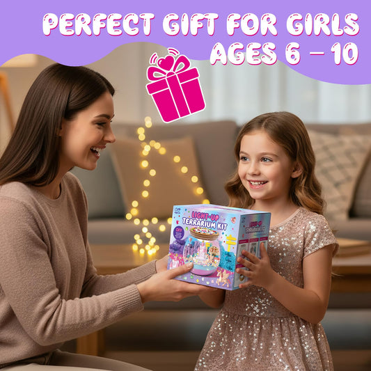 SparkleMe Unicorn Terrarium Kit LED lights create a soft night glow.