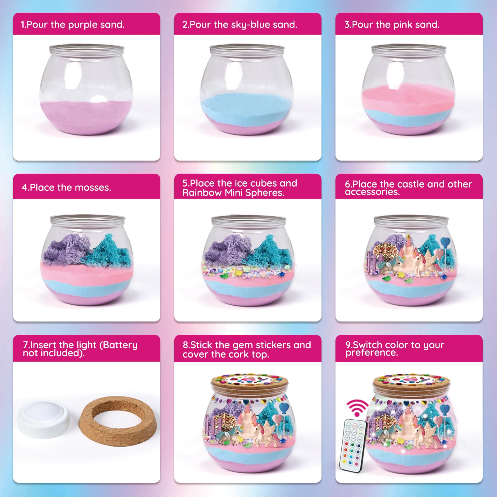 SparkleMe Unicorn Terrarium Kit night light option for cozy rooms.