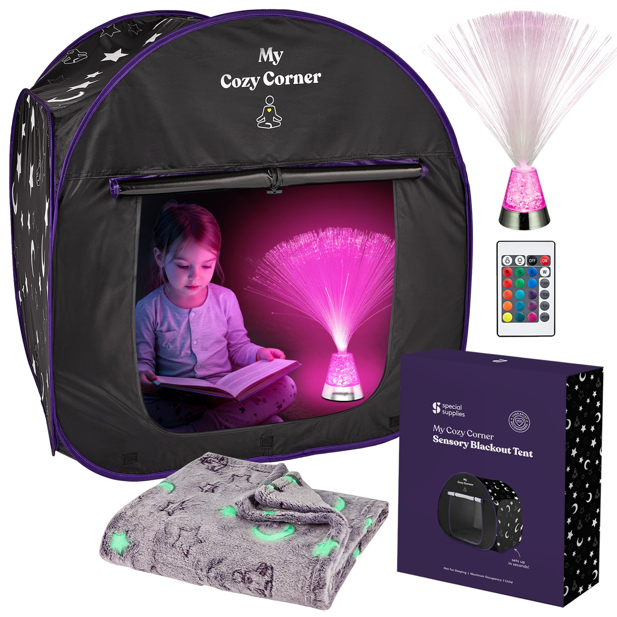 Special Supplies blackout sensory tent interior with moon and stars for a calming play space.
