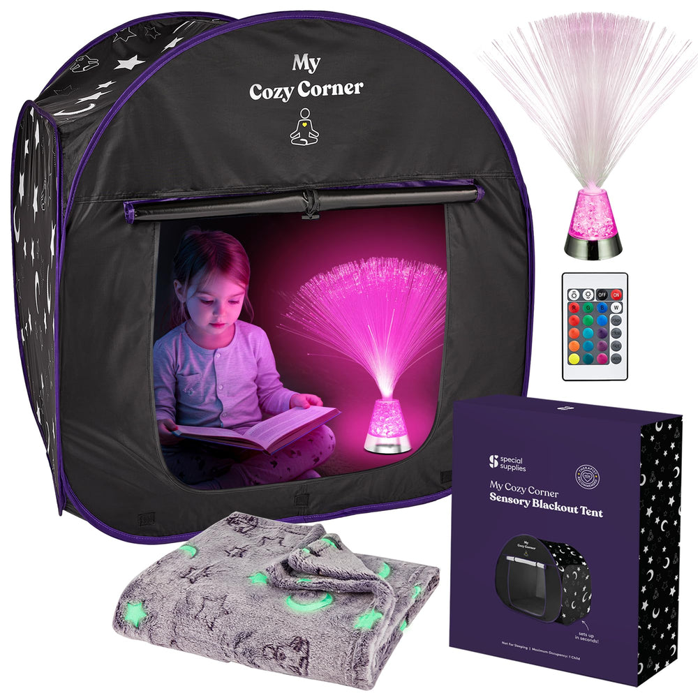 Special Supplies blackout sensory tent interior with moon and stars for a calming play space.