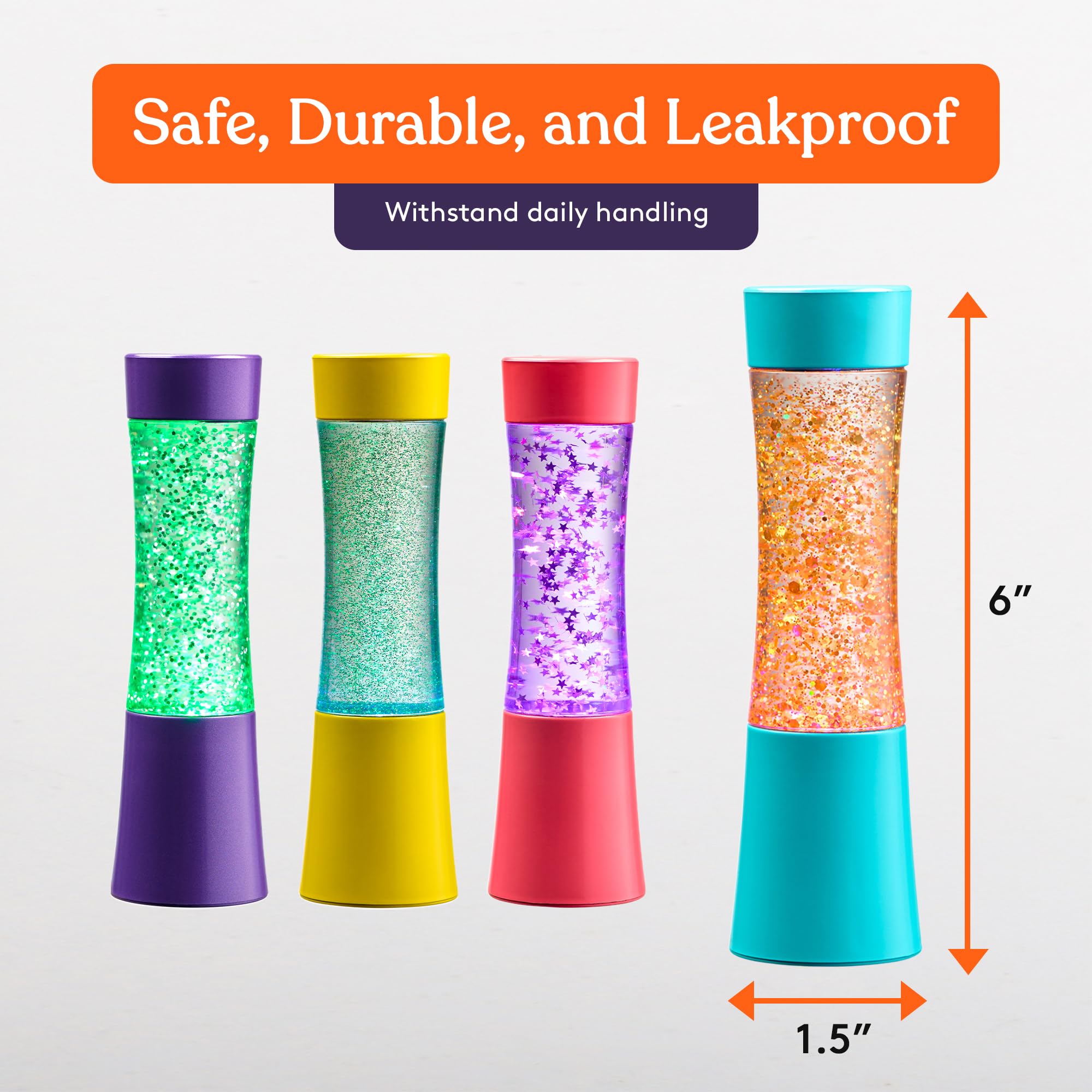 Special Supplies hourglass-motion tube gently falls glitter for relaxation.