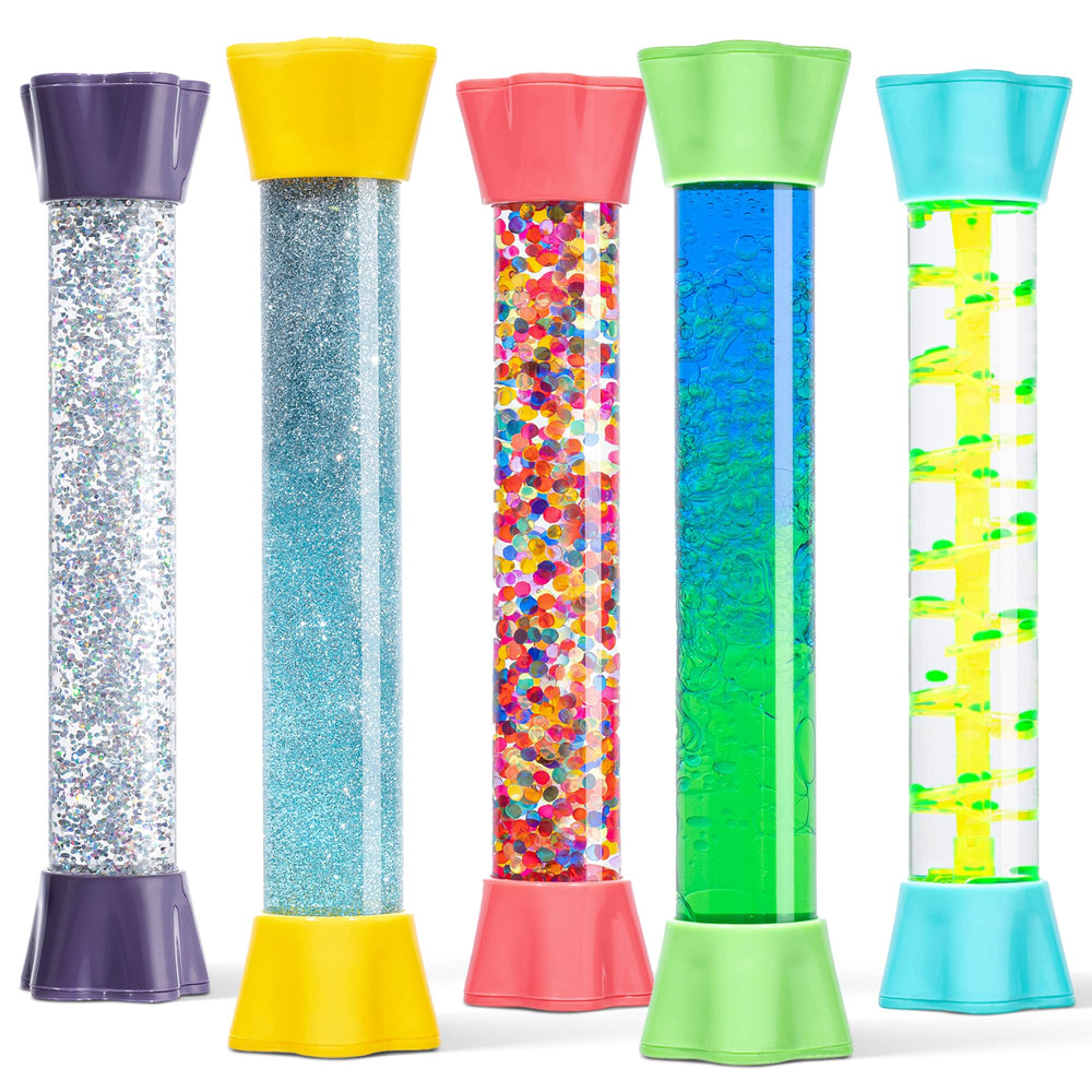 Special Supplies liquid motion bubblers show colorful tubes for calming desk use.