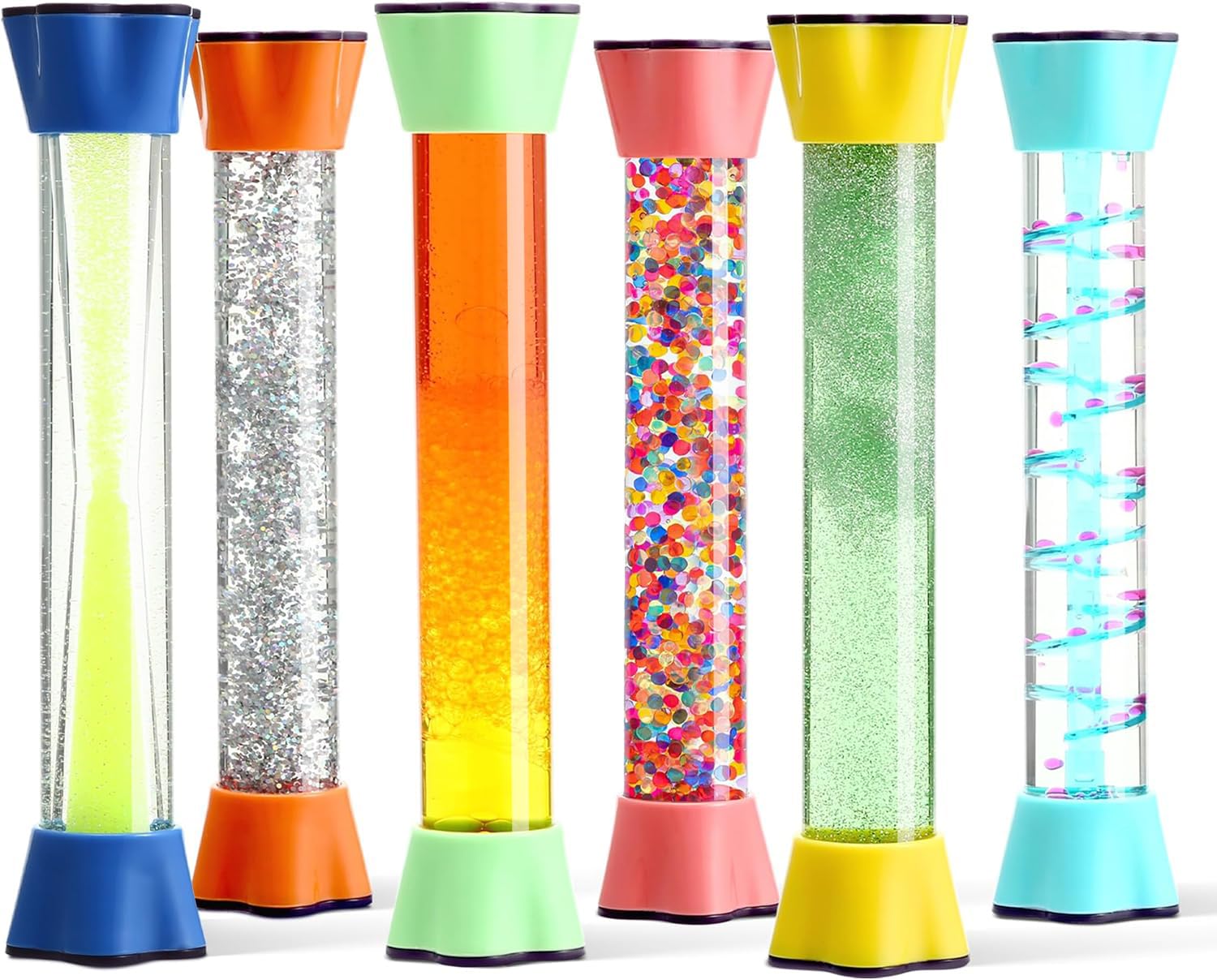 Special Supplies liquid motion bubblers six-pack displayed together, vibrant colors ideal for desk relaxation.