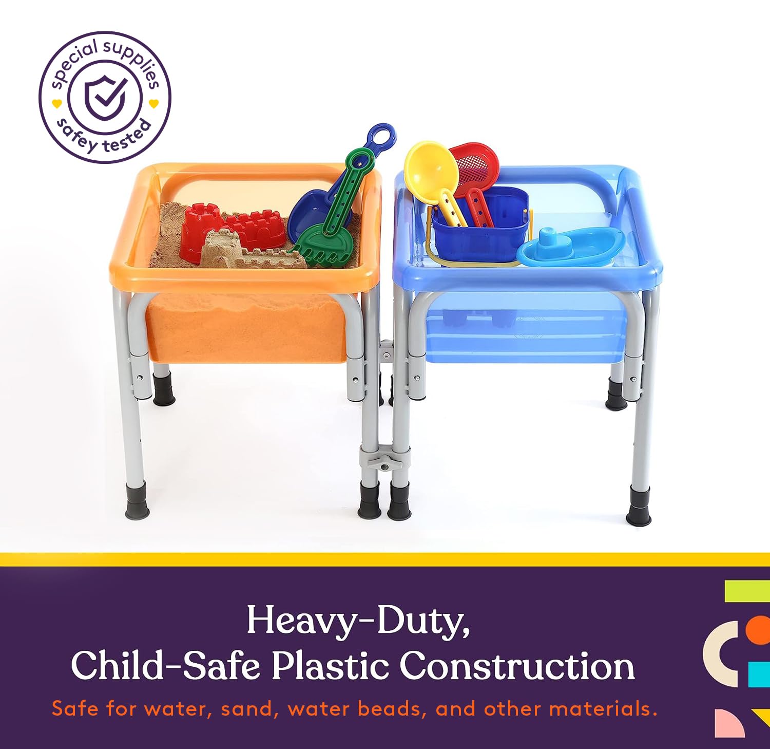 Special Supplies sensory table demonstrating four adjustable height options for growing kids.