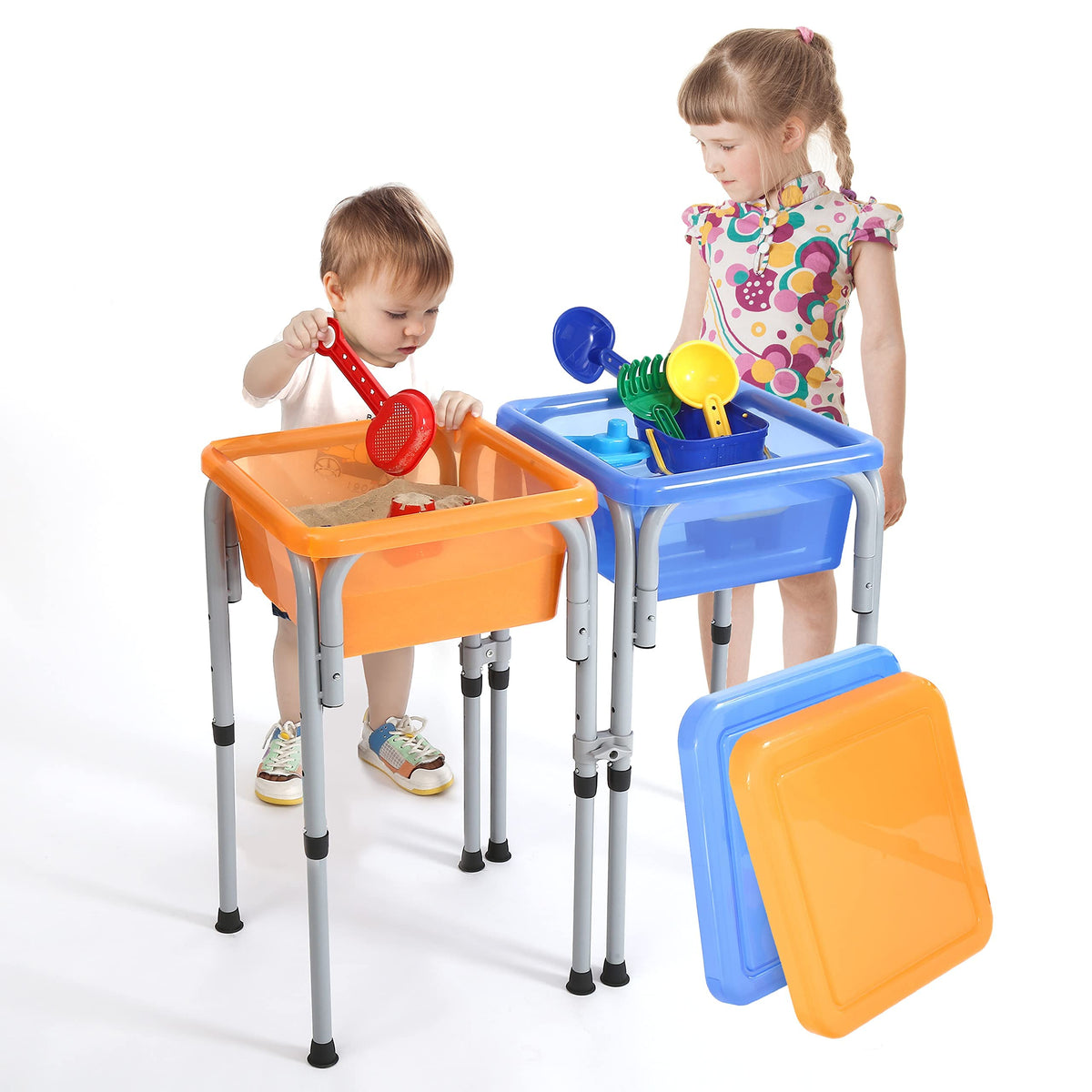 Special Supplies sensory table with orange and blue buckets for hands-on water and sand play.