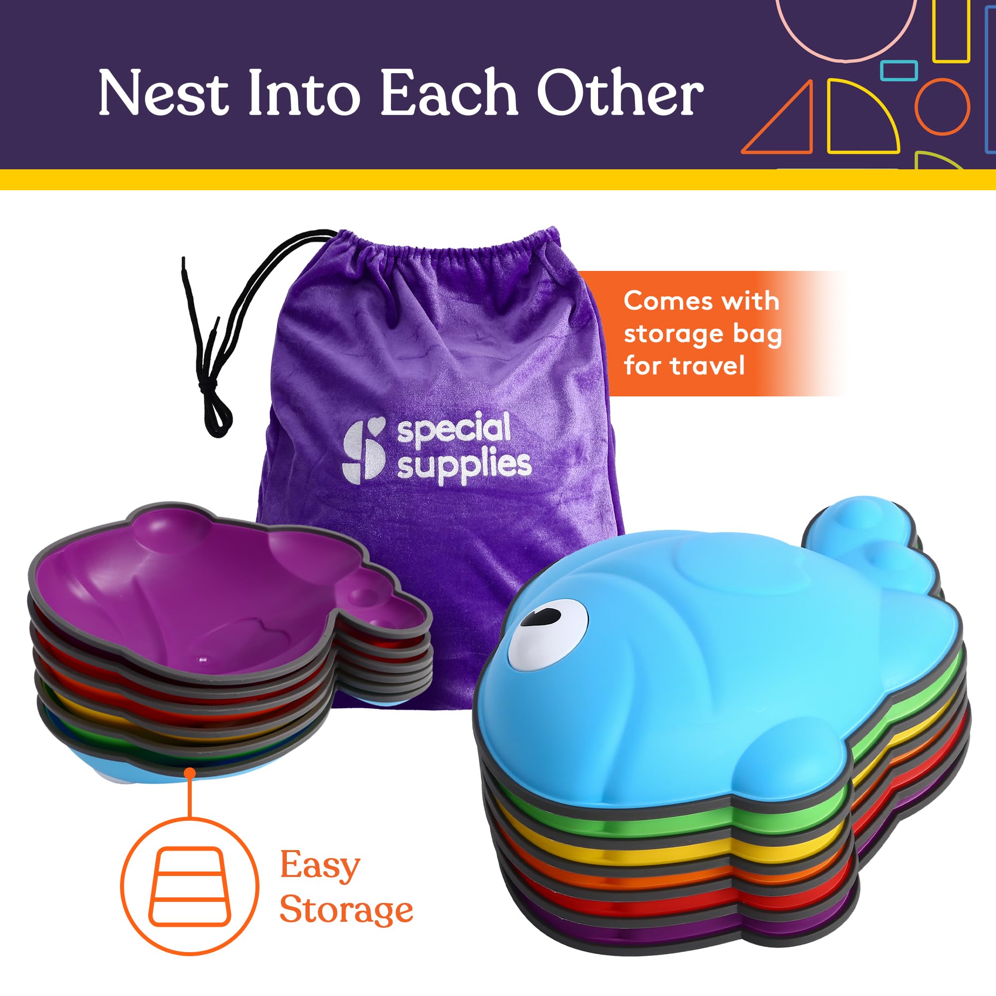 Special Supplies stepping stones—child jumping—fun, safe movement on varied heights.