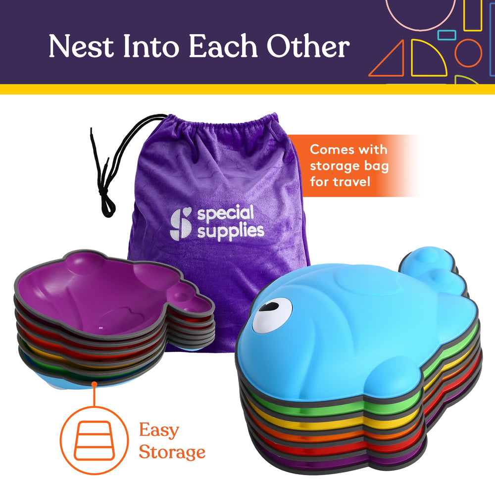 Special Supplies stepping stones—child jumping—fun, safe movement on varied heights.