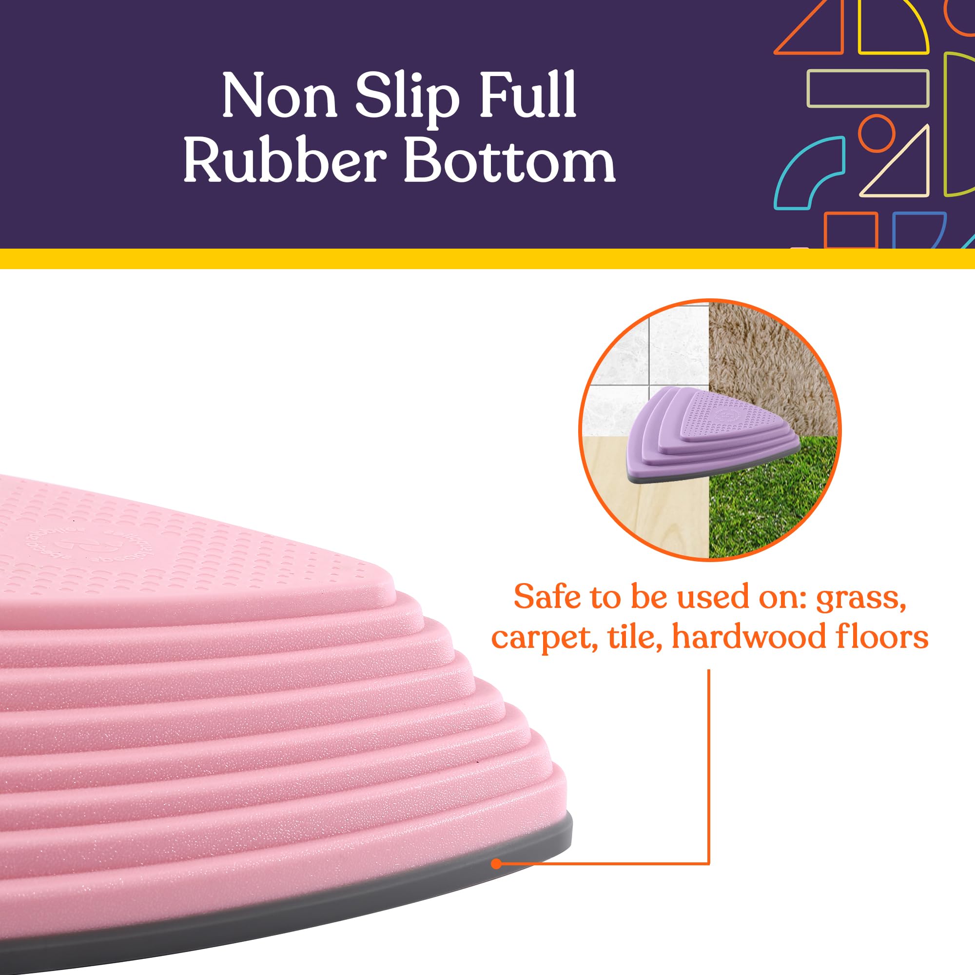 Stepping stones for versatile indoor-outdoor use on carpet, tile, or grass.