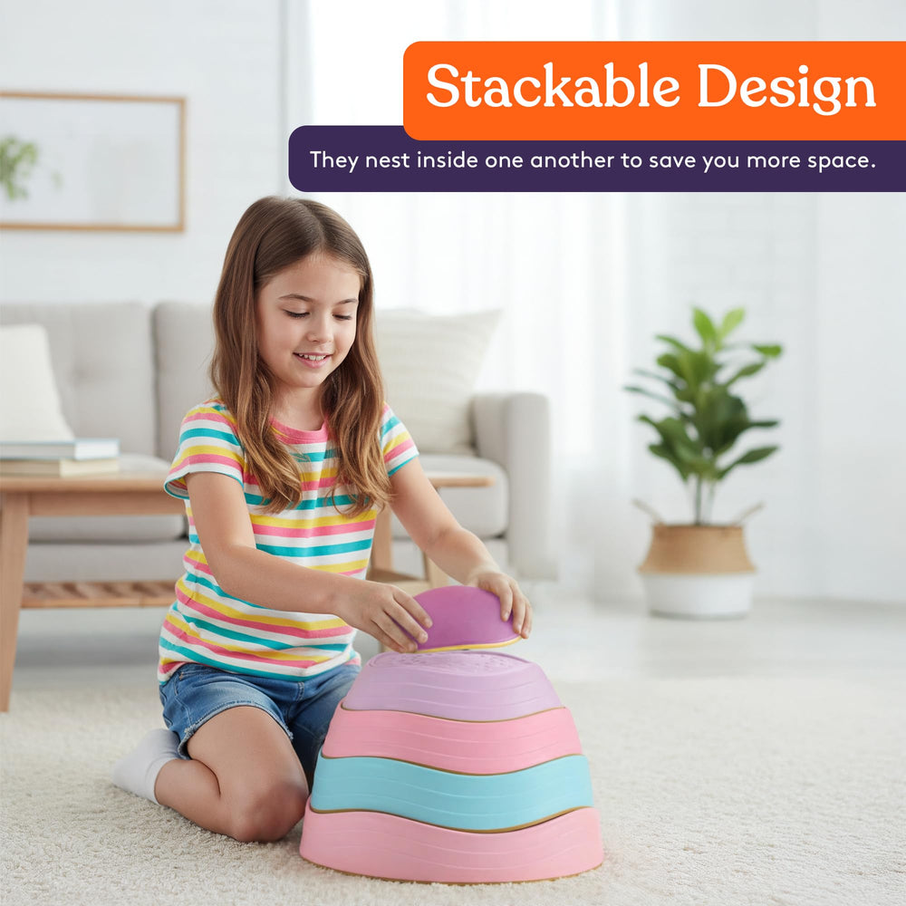 Special Supplies stepping stones stacked to demonstrate space-saving, stackable design