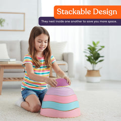 Special Supplies stepping stones stacked to demonstrate space-saving, stackable design