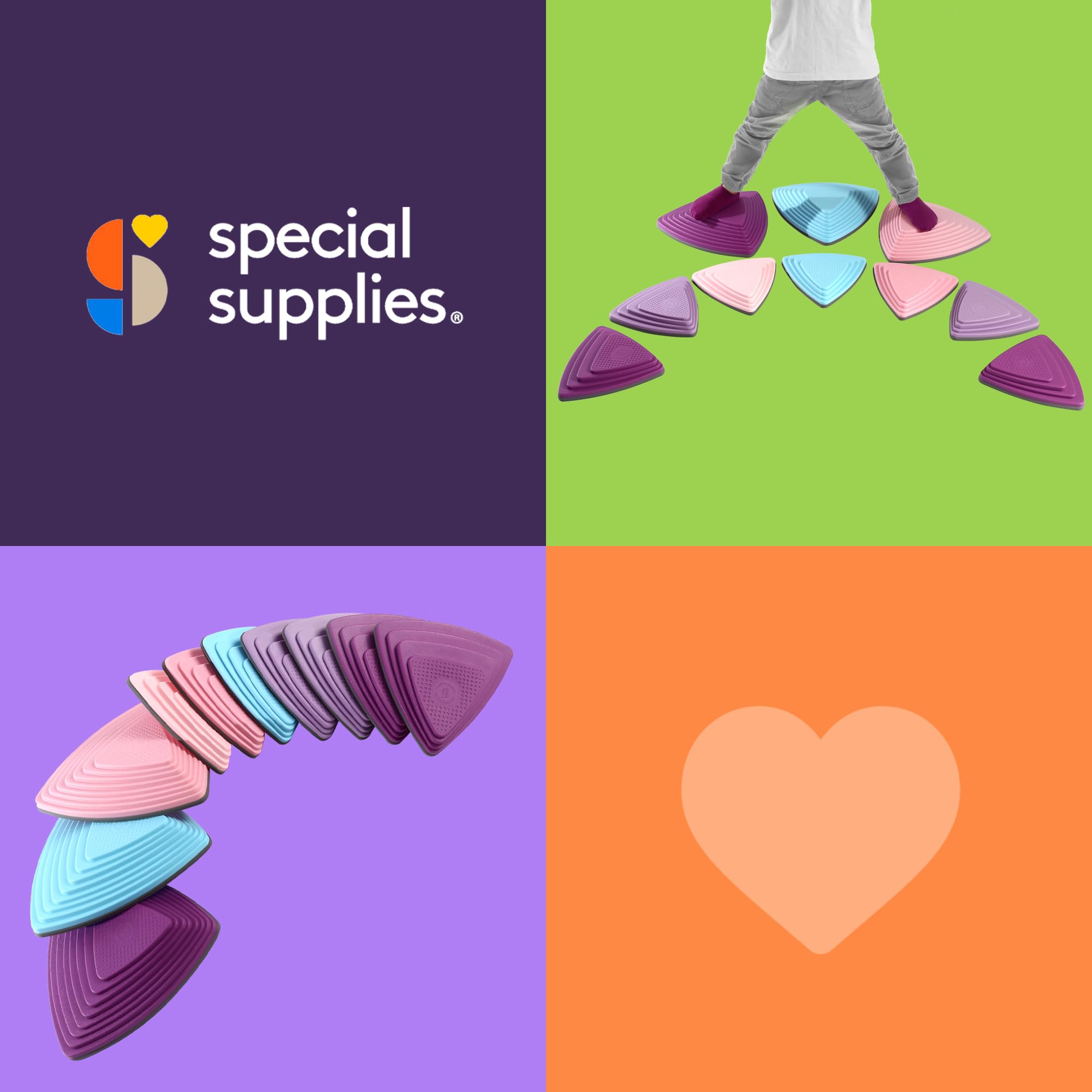Colorful stepping stones support solo or group play at home.