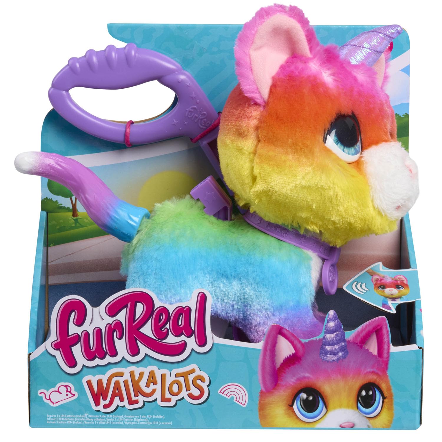 Spectron Furreal Walk a Lots Unicorn Kat front view; kid-friendly plush and inviting design.