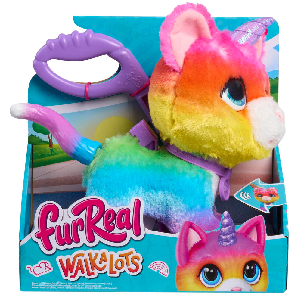 Spectron Furreal Walk a Lots Unicorn Kat front view; kid-friendly plush and inviting design.
