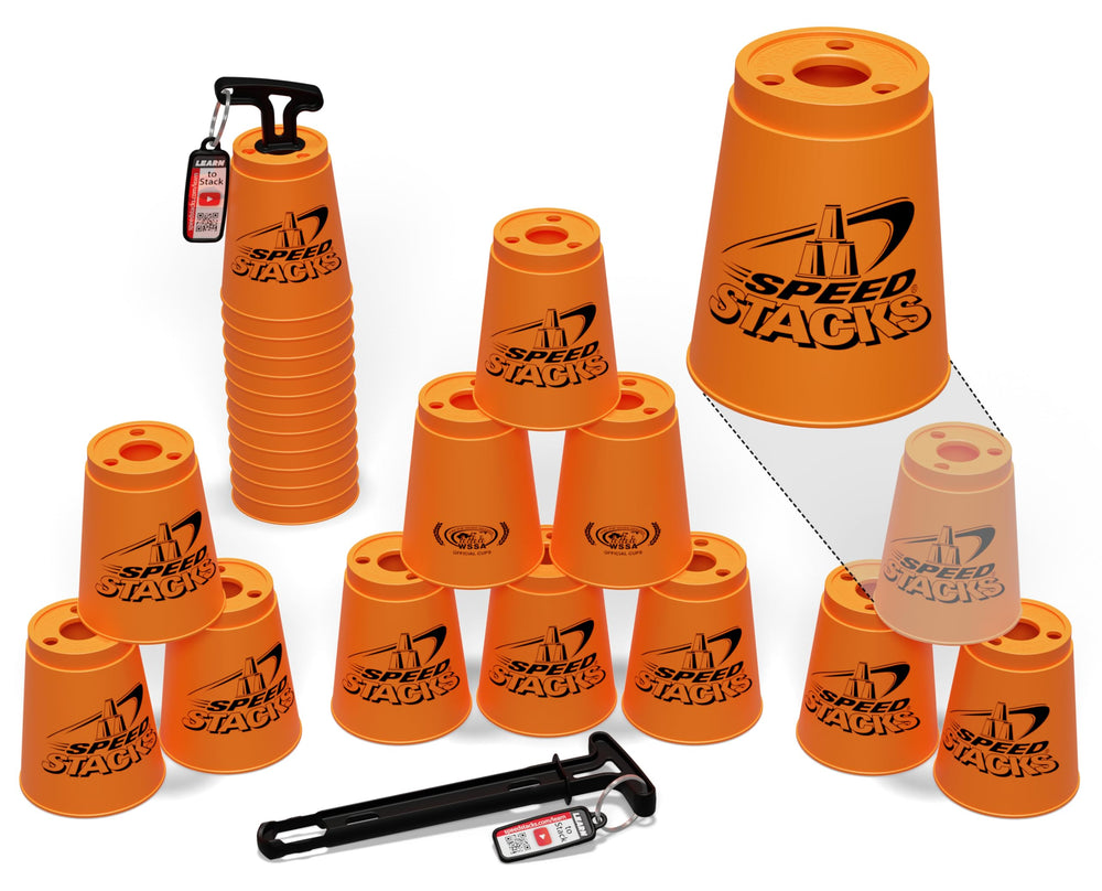 Speed Stacks 12 orange cups ready for fast stacking practice and skill development.