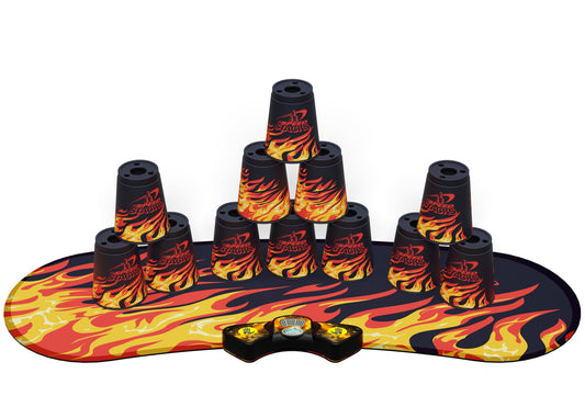 Speed Stacks Black Flame mat provides a stable surface for fast stacking.