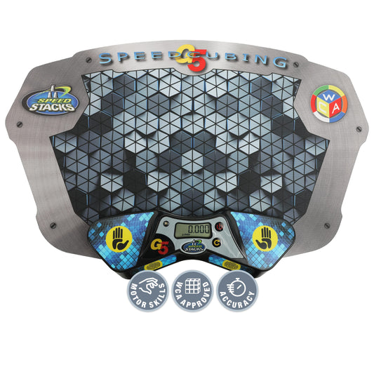 Speed Stacks G5 Timer on mat showing precise timing for rapid cubing practice