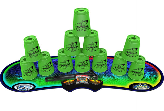 Speed Stacks neon green 12-cup setup for quick, precise stacking practice.