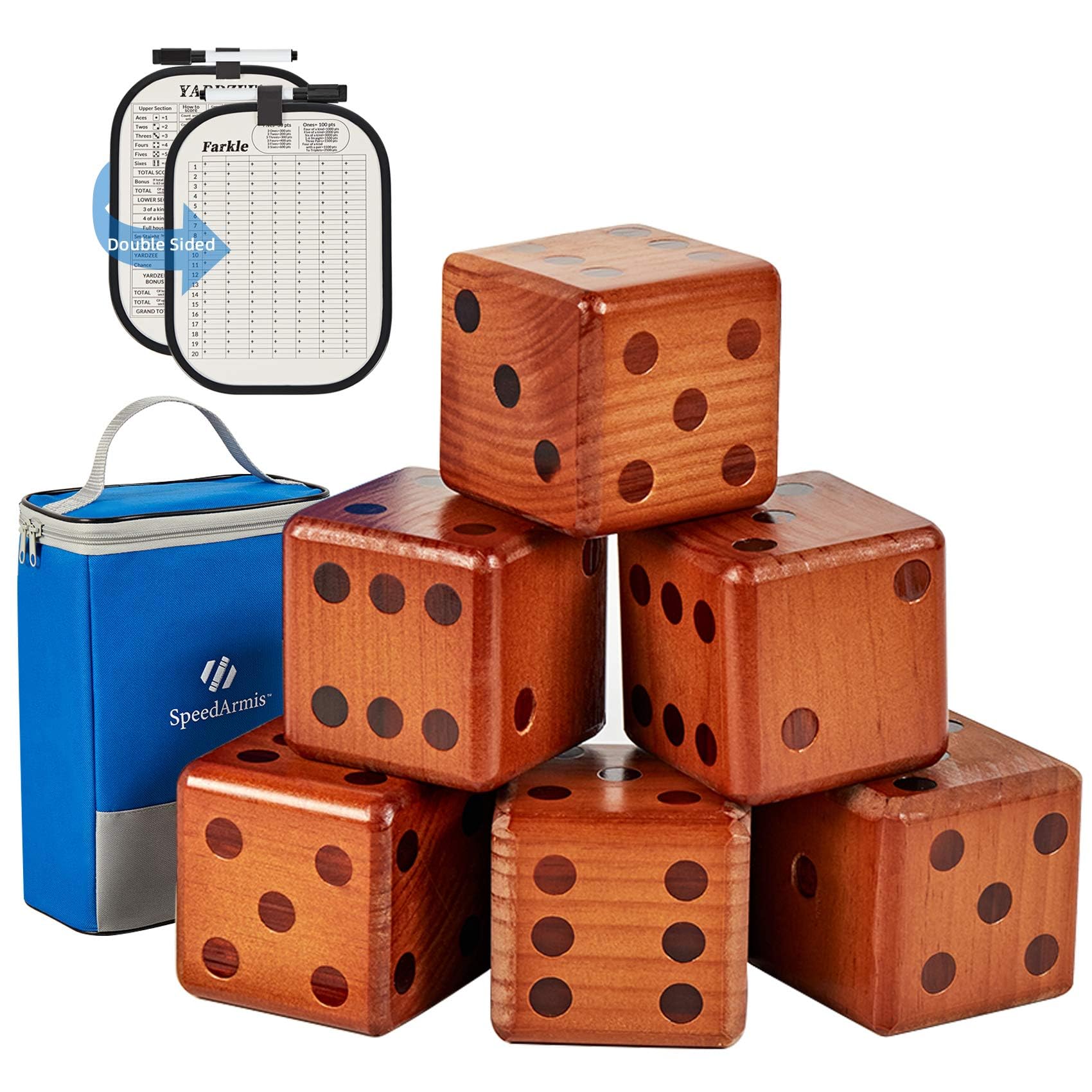 SpeedArmis giant wooden yard dice set on grass for outdoor family fun.