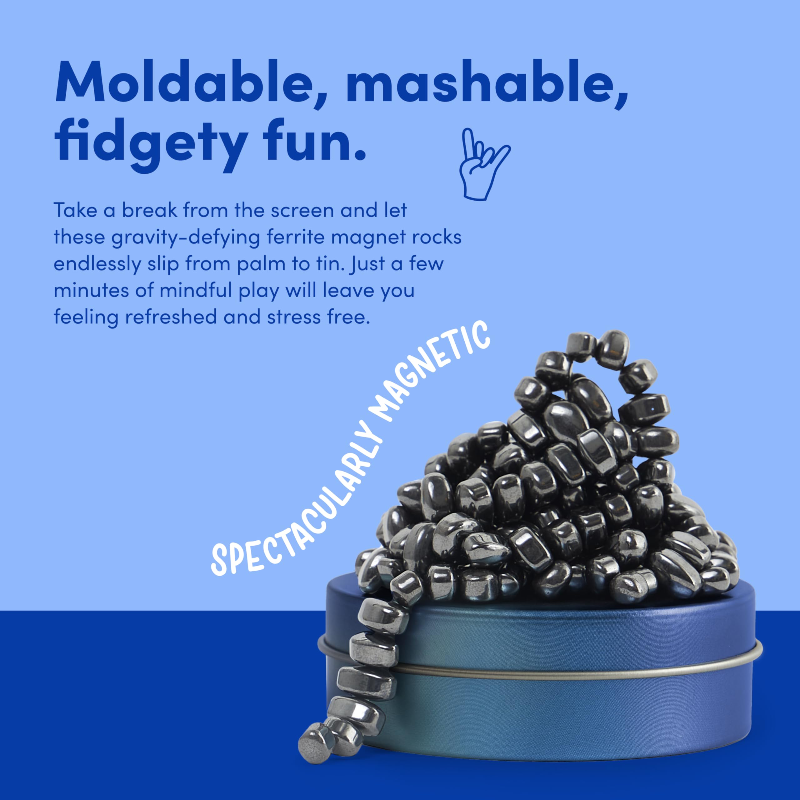 Speks Crags desk toy in a metal tin for quick, mess-free fidgeting
