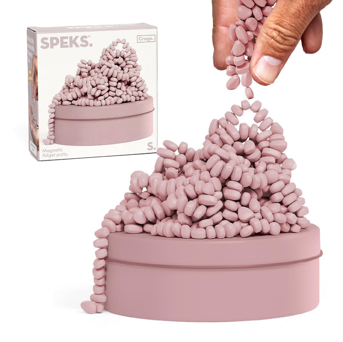 Speks Crags ferrite stones in a metal tin for focused, mess-free tactile play.