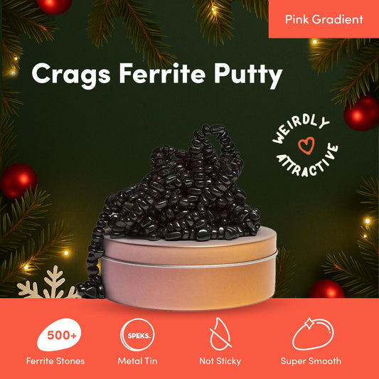 Speks Crags pink gradient ferrite stones in a sleek tin for vibrant desk decor