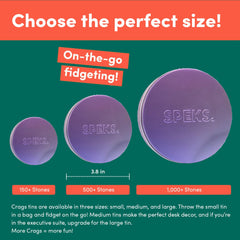 Speks ferrite stones being mashed; durable, mess-free Crags prevent residue on surfaces.