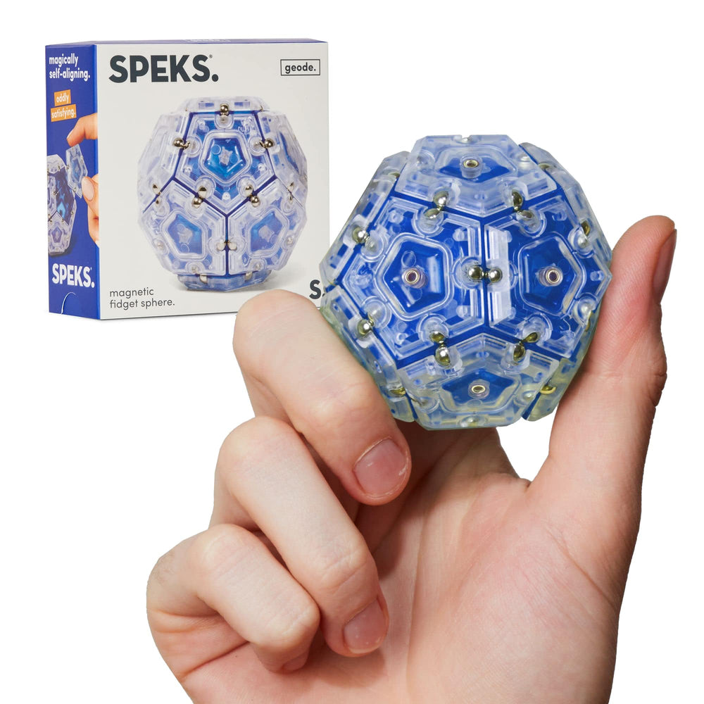 Speks Geode gel-filled stress ball cobalt close-up shows tactile squish and magnetic pieces.