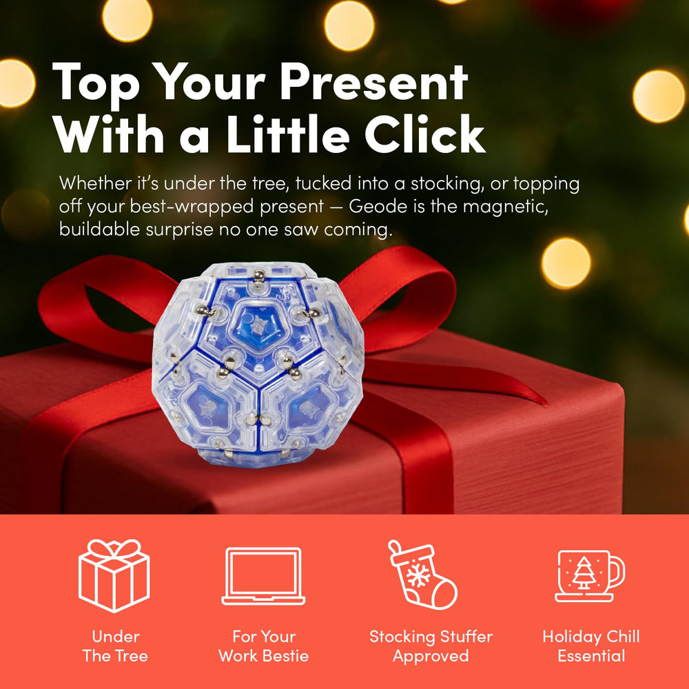 Holiday gift scene with Speks Geode offers a unique stocking stuffer idea.