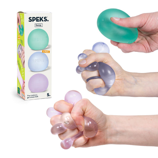 Speks Gump stress ball with silky-soft outer shell for soothing tactile relief.