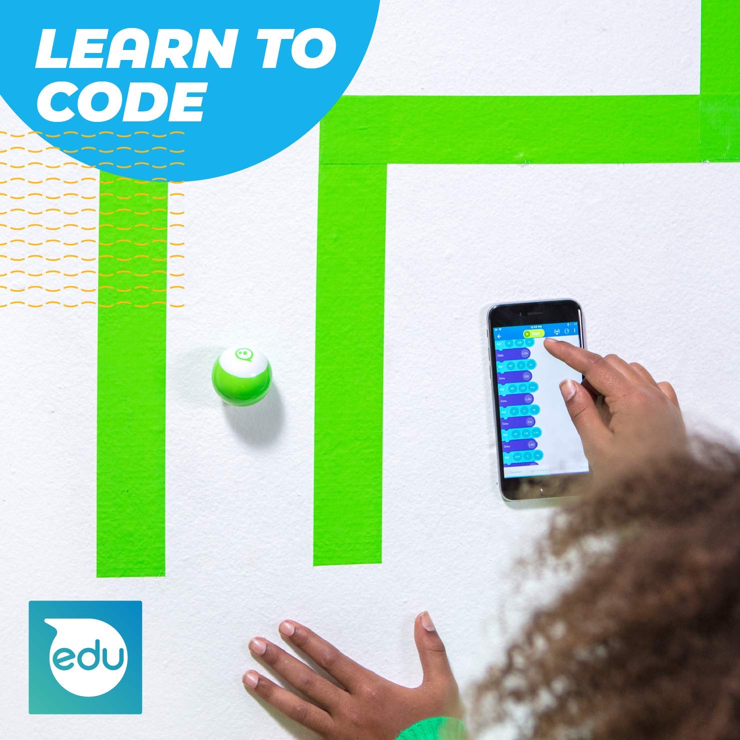 Sphero Mini Green drag code app supports creative coding with blocks or JavaScript.