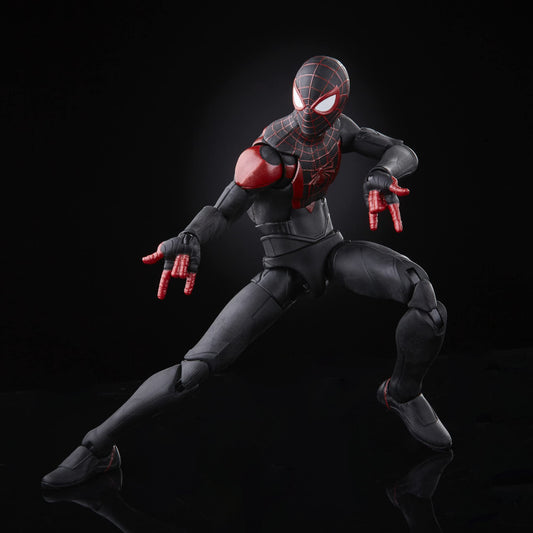 Close-up of articulation on Spider-Man Miles Morales figure for dynamic posing.