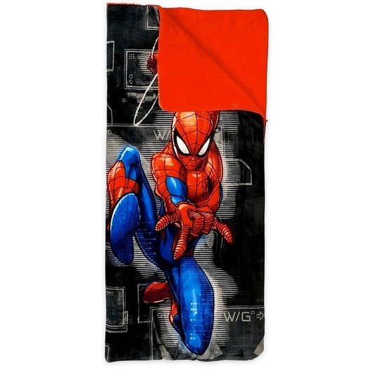 Spider-Man slumber bag zipper close-up showing Silk Touch fabric