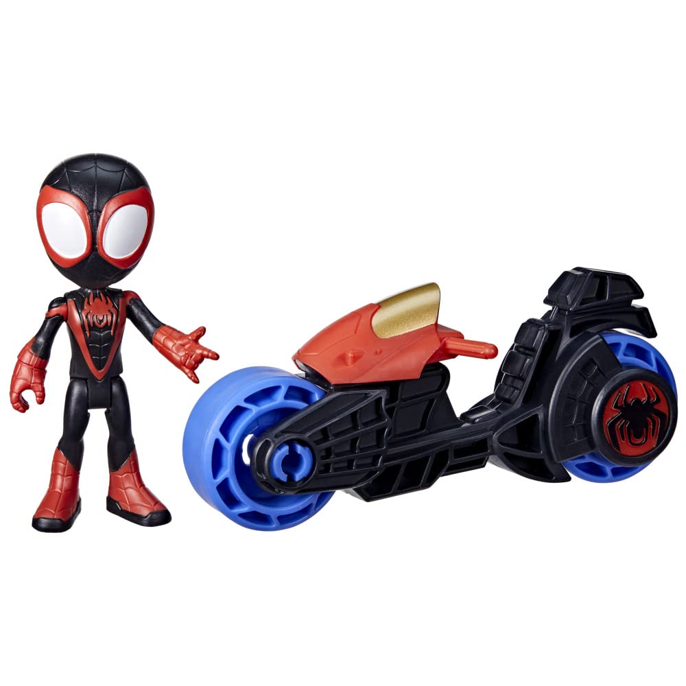 Spidey and His Amazing Friends Miles Morales figure on a motorcycle inspires imaginative play.