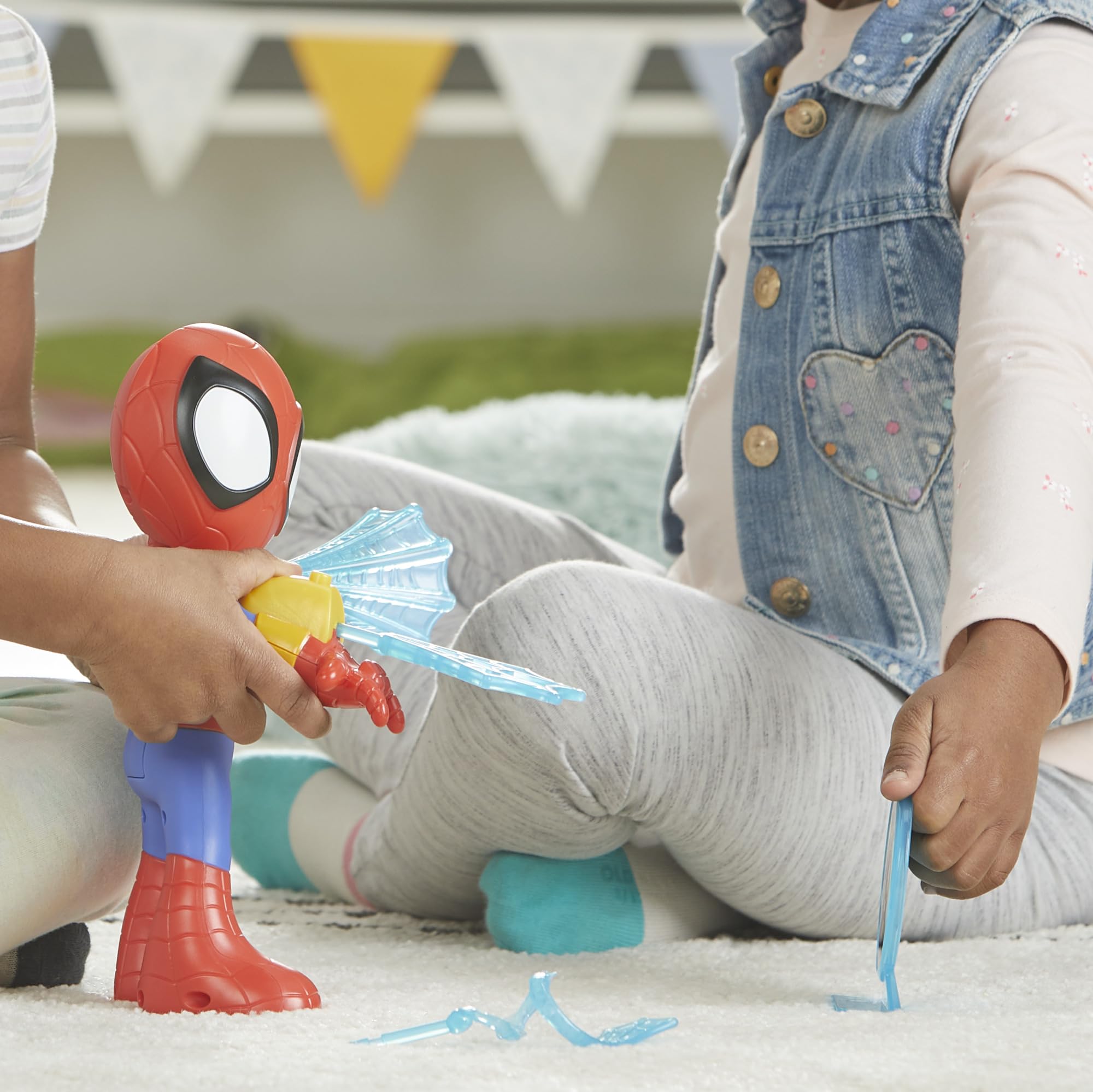 Close-up of Spidey mask and cheerful face for character recognition.
