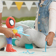 Close-up of Spidey mask and cheerful face for character recognition.